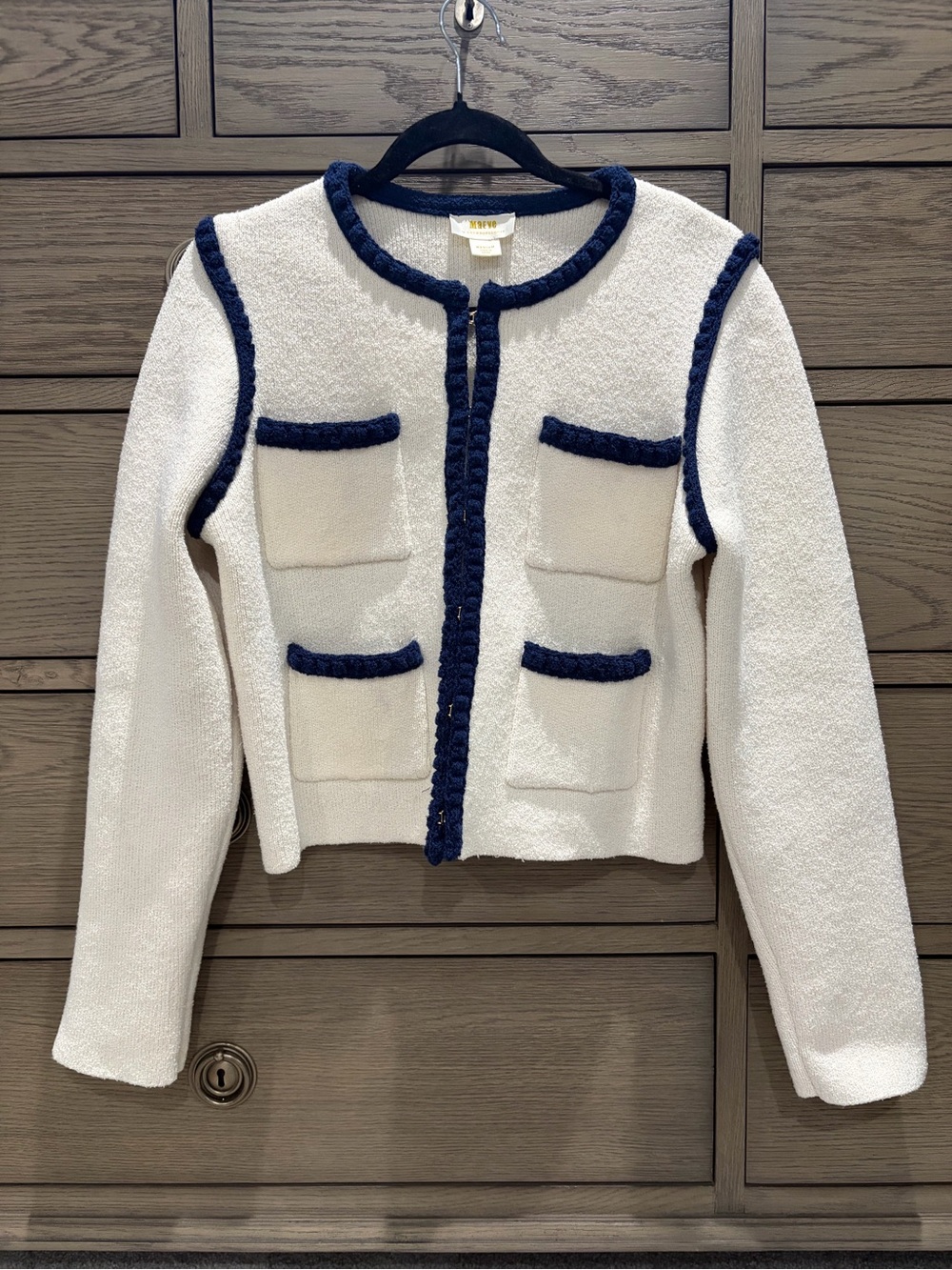 Anthropologie Maeve Cream Boxy Blazer Jacket with Navy Trim, Women’s Medium